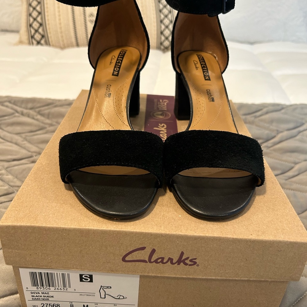 Clarks Black Heeled Sandals with Ankle Strap - Deva Mae